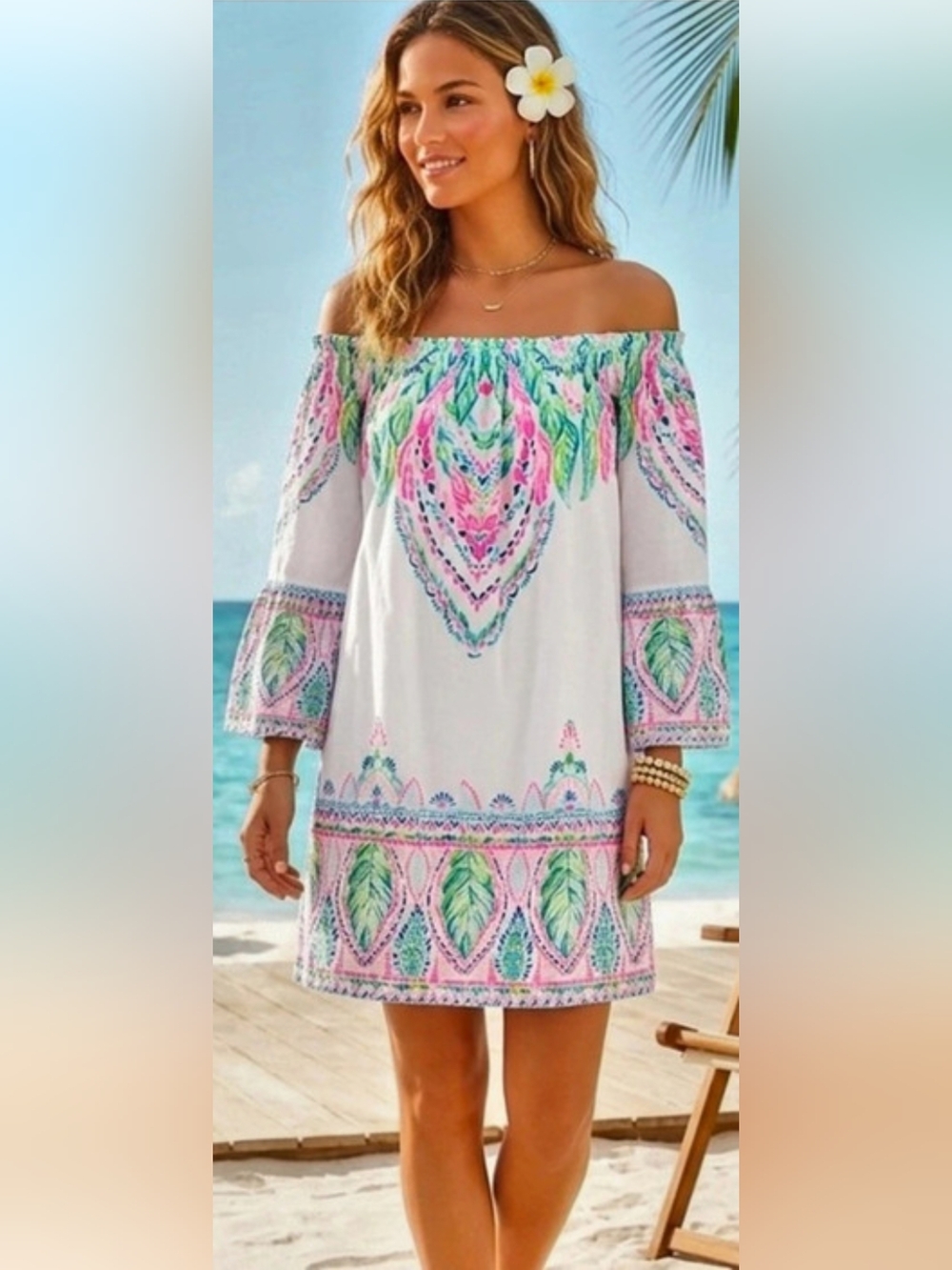 Lilly Pulitzer Nevie Off-the-Shoulder Dress in the "Coconut Coast" print